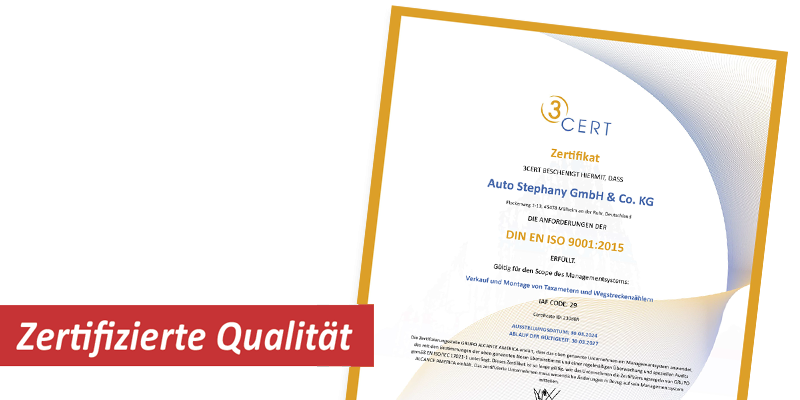 Abbildung des Zertifikats für Qualifiziertes Qualitätsmanagement für die Auto Stephany GmbH & Co. KG - Darüber ein roter Balken mit den Worten 'Zertifizierte Qualität'